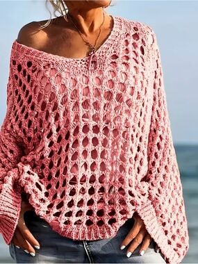 NWOT Pink Off-Shoulder, Crochet Sweater in Multiple Sizes